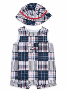 NWT Little Me Baby Boy Patchwork Sunsuit & Hat Set Size 6 Months Plaid Summer